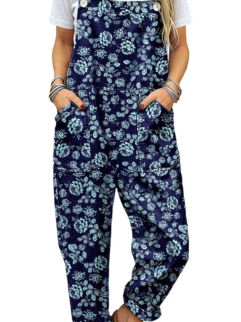 Navy Floral Pocket Overalls Jumpsuit